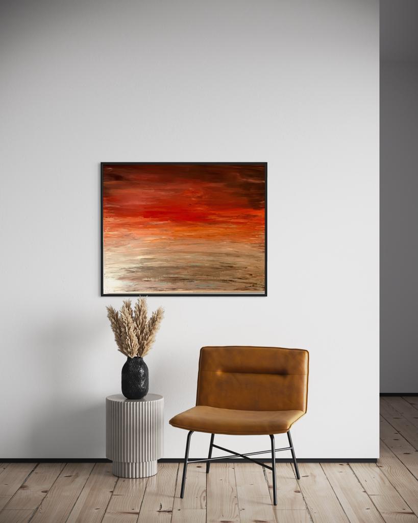 Unik akrylmålning, "Evening Blush", fångar solnedgångens känsla i en 100x80 cm tavla. Hänförande röda nyanser och kärleksfulla penseldrag skapar en atmosfär av kvällens värme. Lägg till romantik och lugn till ditt rum med detta konstverk.