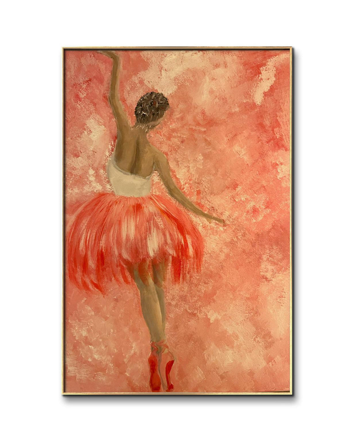 Ballerina Elegans: Abstrakt originalkonstverk på canvas, 70x50 cm, med en graciös ballerina i toner av orange och rött .