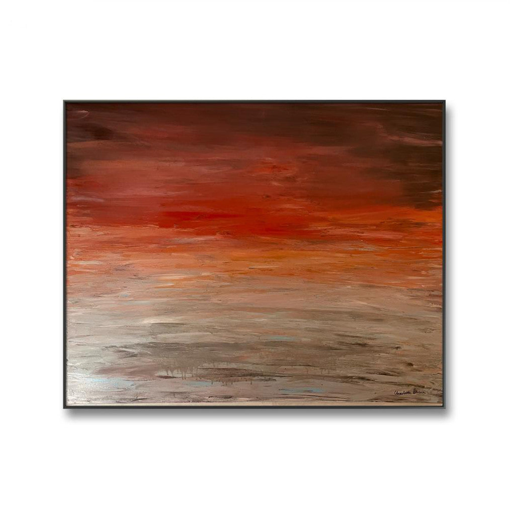 Akrylmålning på canvas med titeln "Evening Blush", mått 100x80 cm. Fångar solnedgångens känsla med en dominerande röd färg. 